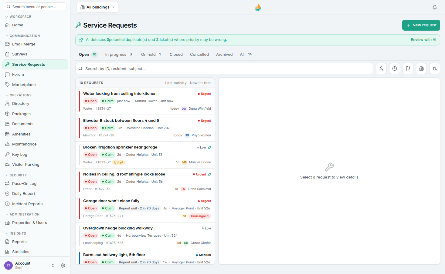 Service requests screen showing open requests, assignments, and status